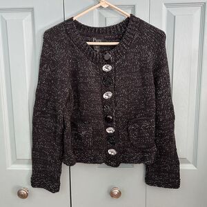 Pure&Co Womens Black Silver Hand Knit Cardigan Sweater XS/S Cotton Large Buttons